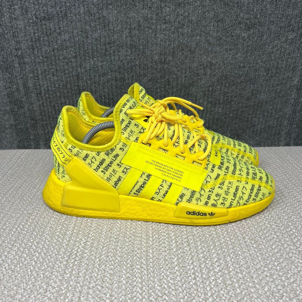 Adidas NMD R1 V2 Beam Yellow Black Text Print Athletic Shoes Mens 10.5 FZ6231